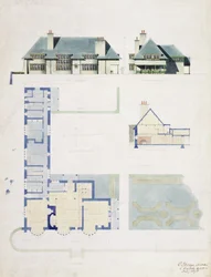Projeto proposto para Broad Leys, Windermere, para Arthur Currer Briggs Esq., 1898, (wc e lápis sobre papel)